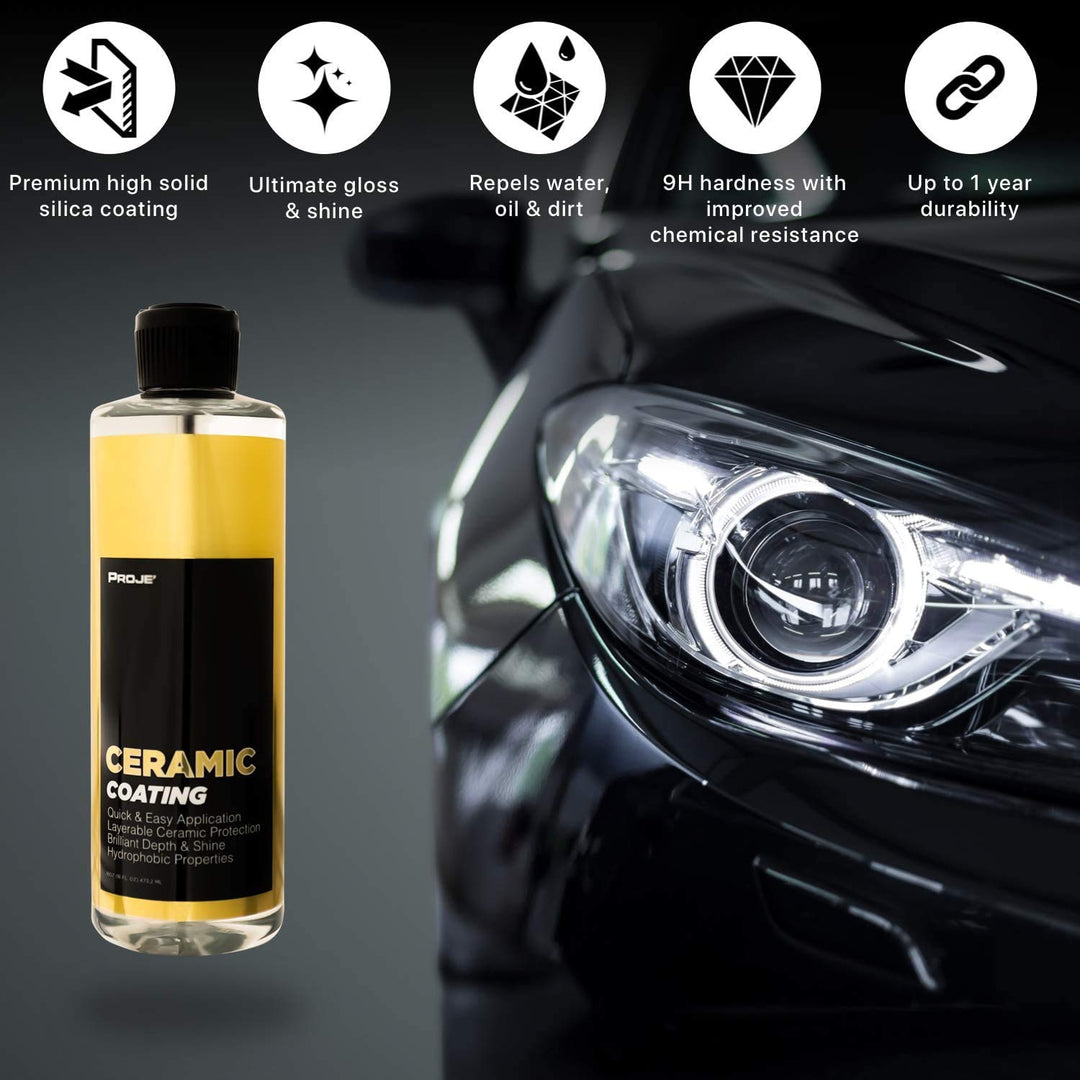 Proje Ceramic Coating - 12+ Month Durability - Easy to Apply - High Gloss - Anti Scratch - Safe on All Surfaces - Hydrophobic SiO2 Top Coat For Cars, Trucks, RVs, and More - 16 fl oz