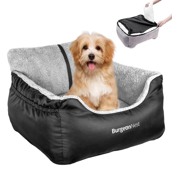 Dog Car Seat for Small Dogs, Fully Detachable and Washable Cat Carseats Under 25 lbs, Soft Pet Booster Seats with Storage Pockets and Clip-On Leash Portable Car Travel Carrier Bed, Black