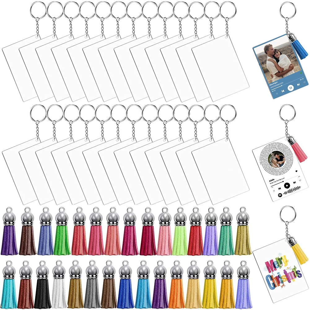 96 PCS Acrylic Keychain Blanks Tassel Set Including 24 Clear Rectangle Acrylic Blanks (2x3 Inch) 24 Keychain Tassels, 24 Key Chain Rings and 24 Jump Rings for DIY Song Keychains, Custom Vinyl