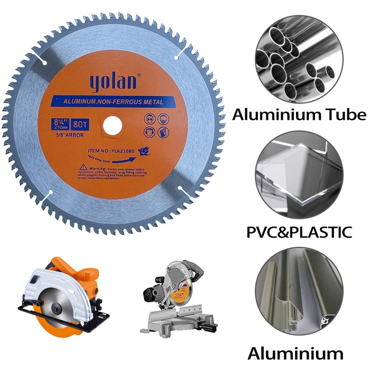 Yolan 8-1/4-Inch 80 Teeth Circular Saw Blade with 5/8-Inch Diamond Knockout Arbor, Steel for Cutting Aluminum, Non-Ferrous Metal Table Saw Accessories,Polished Miter Saw Blade Silver