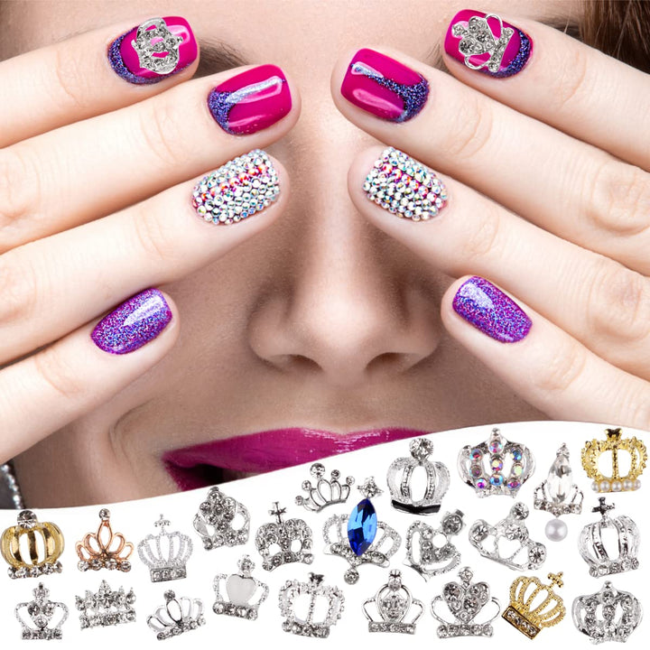 Charms Metal Alloy Silver Gold 3D Nail Art Bow Crown Elk Butterfly Rhinestone Crystal Diamonds Nail Studs Manicure Jewelry for Crafts DIY Nail Art Tip (Crown)