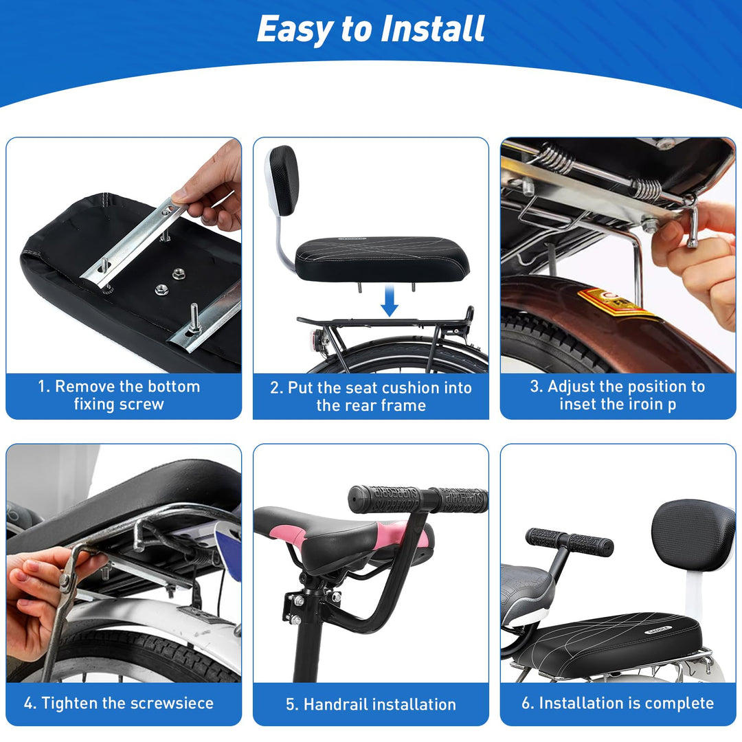 Bicycle Rear Seat Cushion Armrest Footrest Set, Kid Child Carrier Bicycle Baby Seat, Including Cushion and Backrest, Armrest Handrail, Footrests, Bell, Black