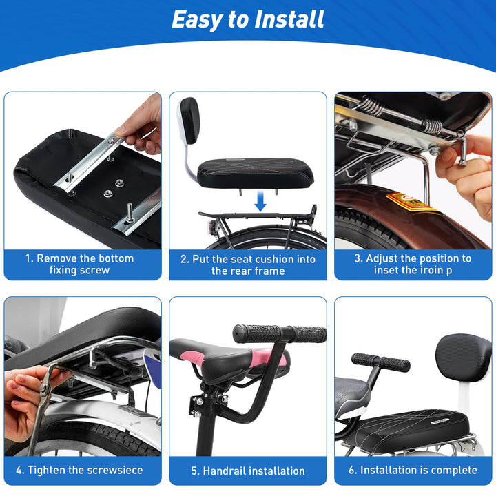Bicycle Rear Seat Cushion Armrest Footrest Set, Kid Child Carrier Bicycle Baby Seat, Including Cushion and Backrest, Armrest Handrail, Footrests, Bell, Black