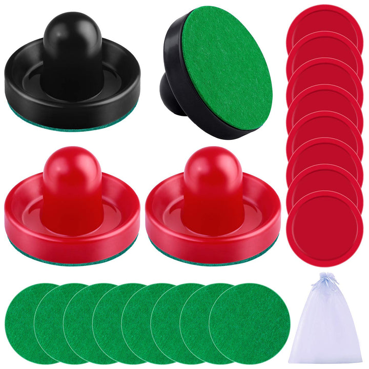 Air Hockey Pushers and Air Hockey Pucks Air Hockey Paddles, Goal Handles Paddles Replacement Accessories for Game Tables(4 Pushers, 8 Red Pucks and 8 Green Pads)