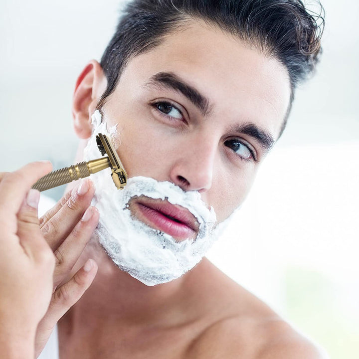 Double Edge Safety Razors,Classic Men Shaving Butterfly Open Razor - Bronze Long Handle Women Razors With 5 Blades,Reusable Metal Brass Manual Shaver Close Comb