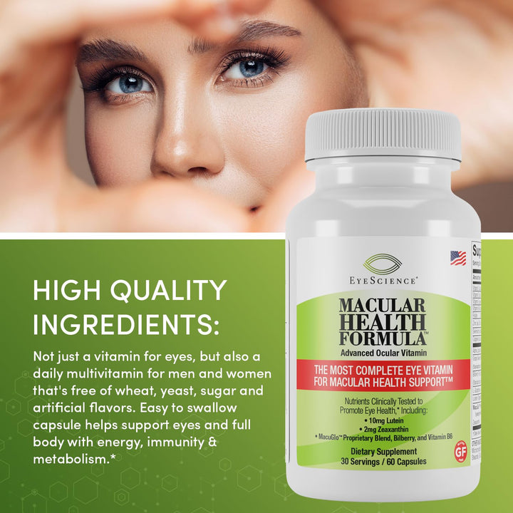 Macular Health Beyond AREDS2 Formula, Advanced Ocular Vitamin - Containing Lutein, Zeaxanthin, Bilberry, and Vitamins C, D, E, and B6 (30 Day Supply)
