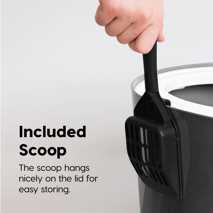 USA Cat Litter Box, Top Entry Litter Box with Scoop, Stylish Round Cat Litter Box Enclosure, Kitty Litter Box, Dark Gray/White