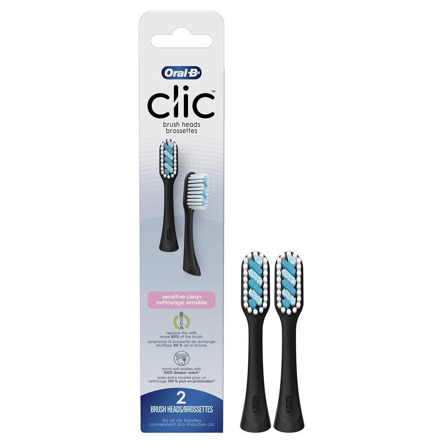 Clic Toothbrush Sensitive Clean Replacement Brush Heads, Black, 2 Count