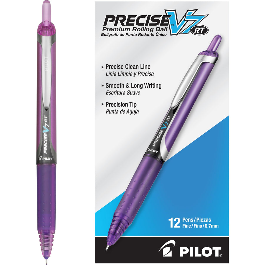 Precise V7 RT Refillable & Retractable Liquid Ink Rolling Ball Pens, Fine Point (0.7 mm), Purple, 12-Pack