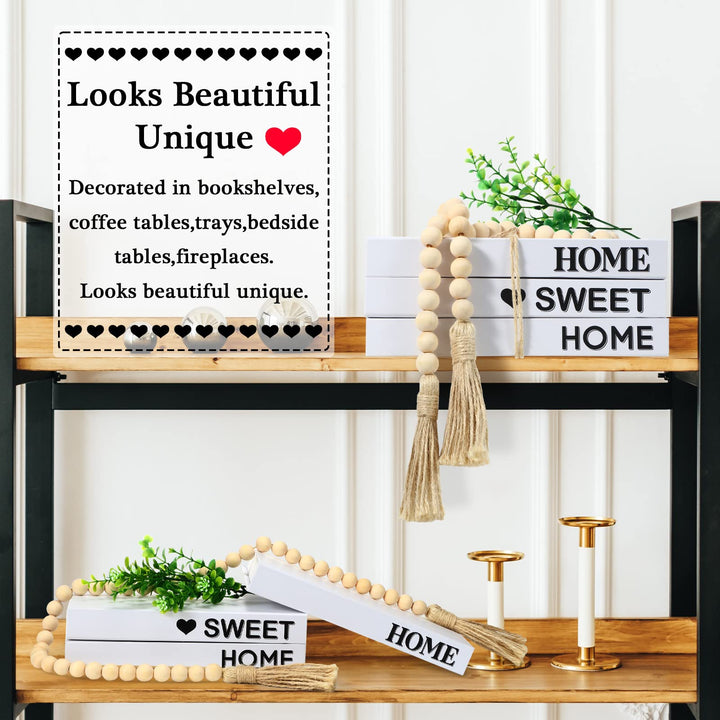 3 Pieces White Decorative Books Modern Farmhouse Stacked Books Stacks Faux Paper Books with Wood Bead Linen Decor for Home Coffee Tables (Chic Style)