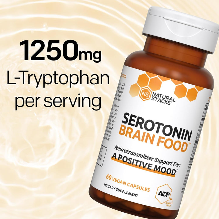 Serotonin Brain Food - 1250mg L-Tryptophan & 400mg Rhodiola Rosea Supplement - Mood Support Supplement for Stress Relief - Neurotransmitter Support with Magnesium Glycinate & Zinc - 60 Capsules
