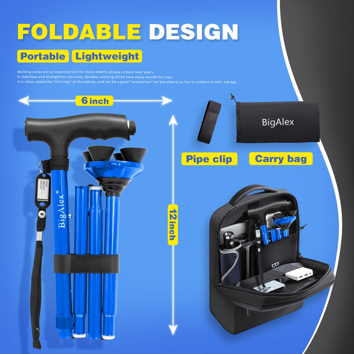 Folding Walking Cane with LED Light,Pivoting Quad Base,Adjustable Walking Stick with Carrying Bag for Men/Women