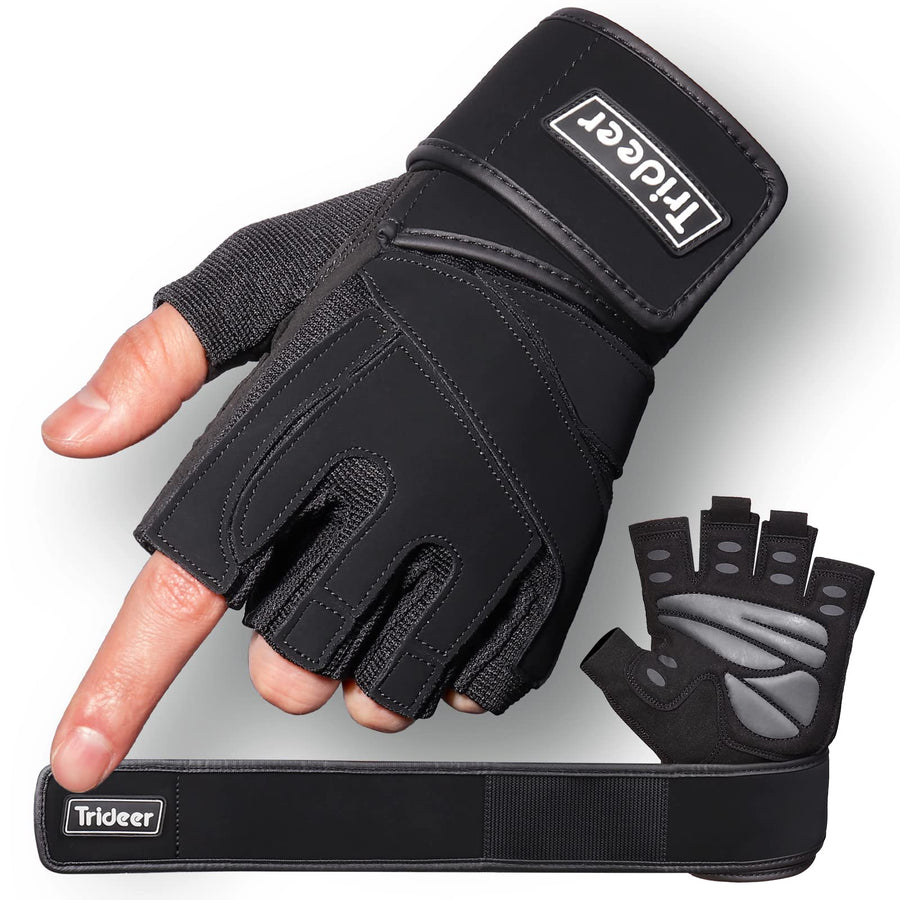 Padded Workout Gloves for Men - Gym Weight Lifting Gloves with Wrist Wrap Support, Full Palm Protection & Extra Grips for Weightlifting, Exercise, Cross Training, Fitness, Pull-up