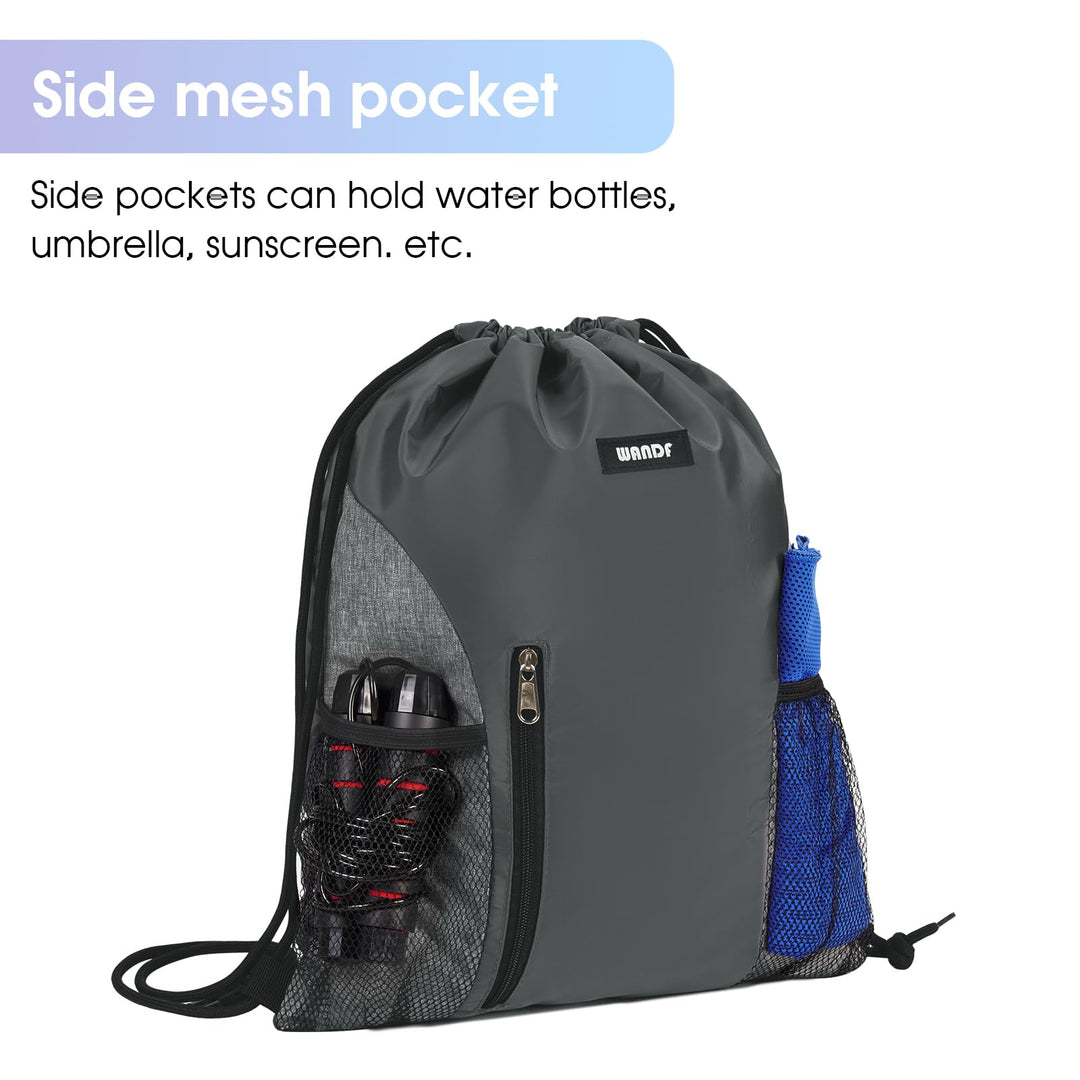 Drawstring Backpack Sports Gym Sackpack with Mesh Pockets Water Resistant String Bag for Women Men (Grey)
