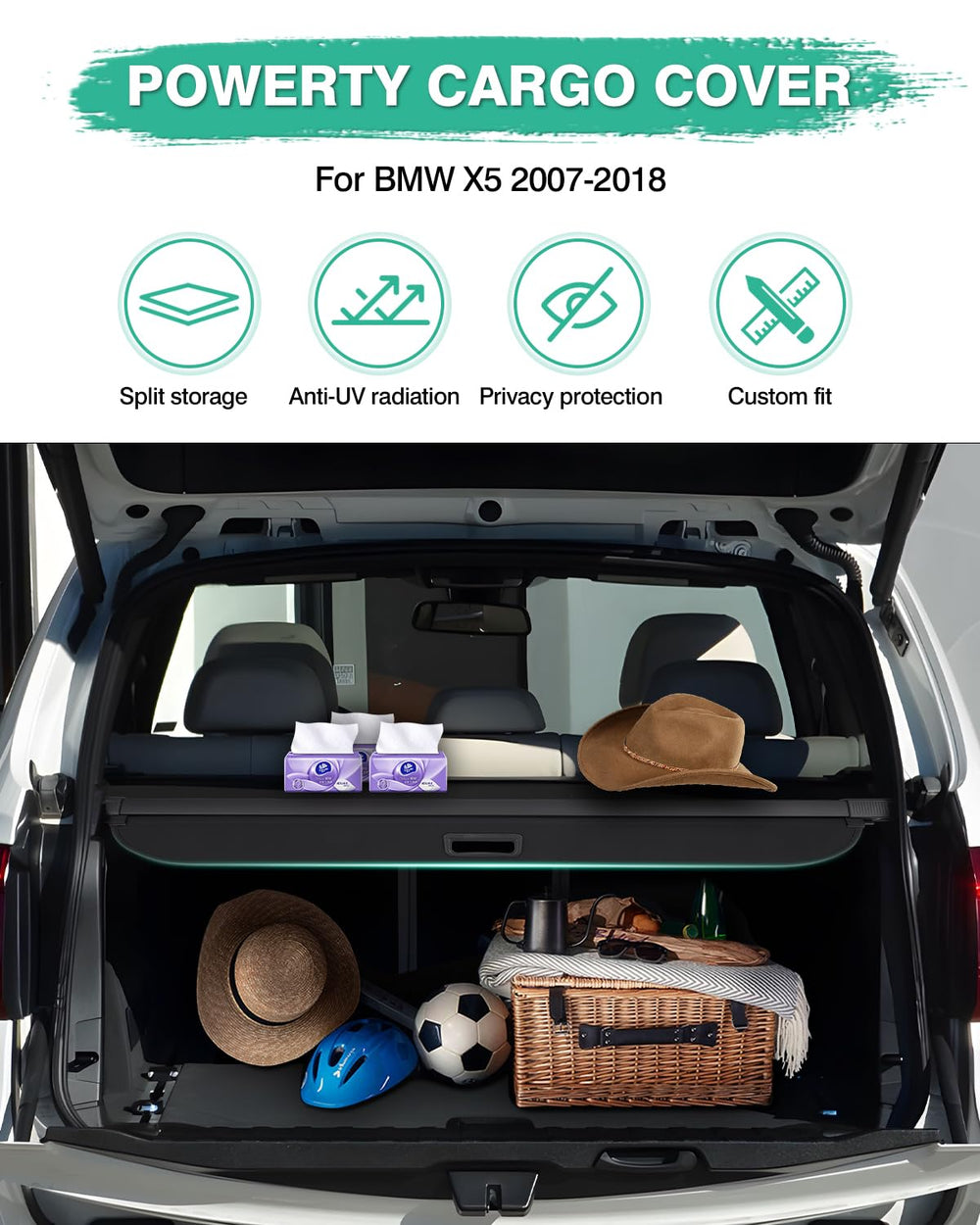 Cargo Cover for 2007-2017 2018 BMW X5 Accessories Trunk Cover Retractable Trunk Shielding Shade Cargo Luggage Cover Black