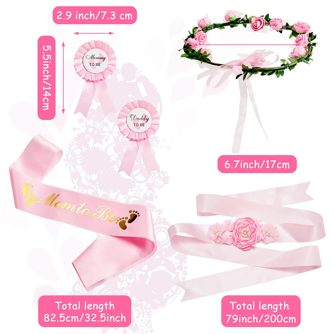 5 Pcs Baby Shower Maternity Sash Kit Shoulder Sash and Pin Daddy Corsages Flower Crown Pregnancy Sash Rose Wreath Headdress for Baby Shower Pregnancy Parents Prop Present Party Favor(Pink)