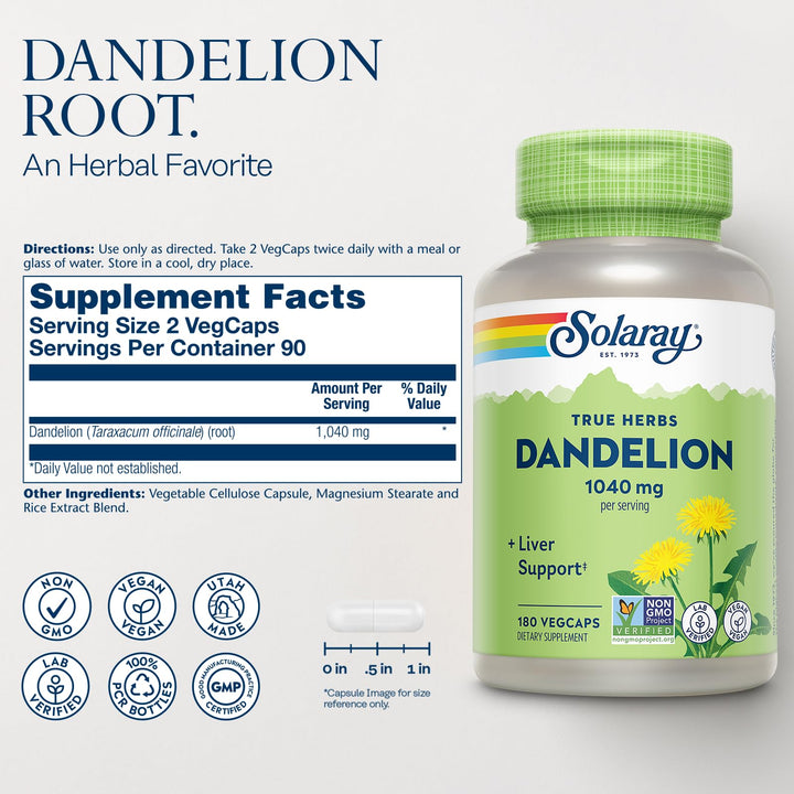 Dandelion Root Supplement - Healthy Kidney and Liver Support - 1,040 mg per Serving - Vegan, Lab Verified, 60-Day Guarantee - 90 Servings, 180 VegCaps