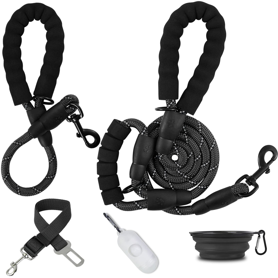 2 Pack Dog Leash 5 FT Heavy Duty Dog Leash And 2 FT Strong Dog Leash With Comfortable Padded Handle and Highly Reflective Thread (With Poop Bags Dispenser & Pet Bowl & Pet Car Seat Belt Leads)