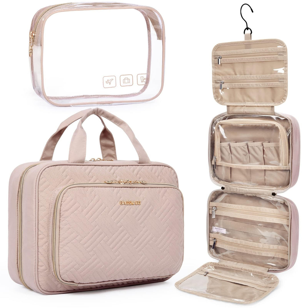 Toiletry Bag Hanging Travel Makeup Organizer with TSA Approved Transparent Cosmetic Bag Makeup Bag for Full Sized Toiletries, Large-Pink