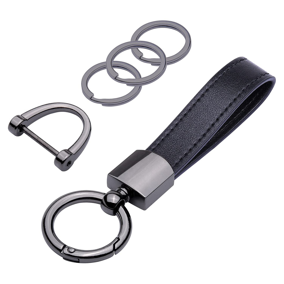 Genuine Leather Car Keychain, Universal Key Fob Keychain Leather Key Chain Holder for Men and Women, 360 Degree Rotatable, with Anti-lost D-ring, 3 Keyrings and 1 Screwdriver - Black