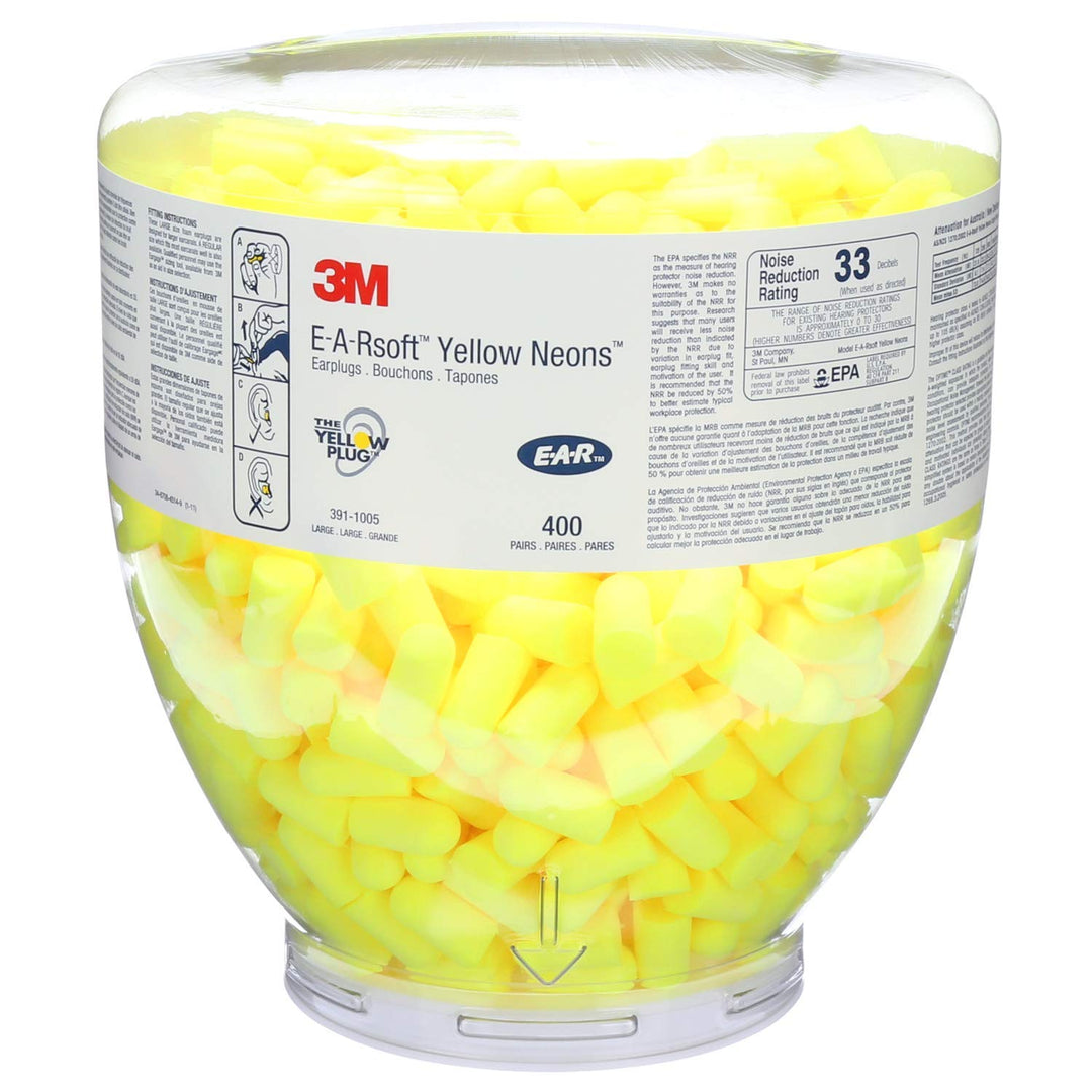 3M Ear Plugs, E-A-Rsoft Yellow Neons 391-1005, Bottle of 400 Pair of Disposable Earplugs, Slightly Longer, Uncorded, 33 NRR, Tapered Cylinder Shape, Slow Recovery Foam