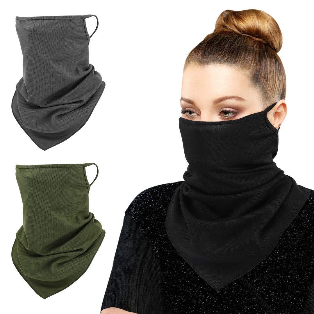 Scarf Mask Bandana with Ear Loops 3 Pack, Neck Gaiter Balaclava UV Sun Protection Face Mask for Dust Wind Outdoors Motorcycle Cycle Bandana Headband for Women Men, Black & Indigo & Wine Red