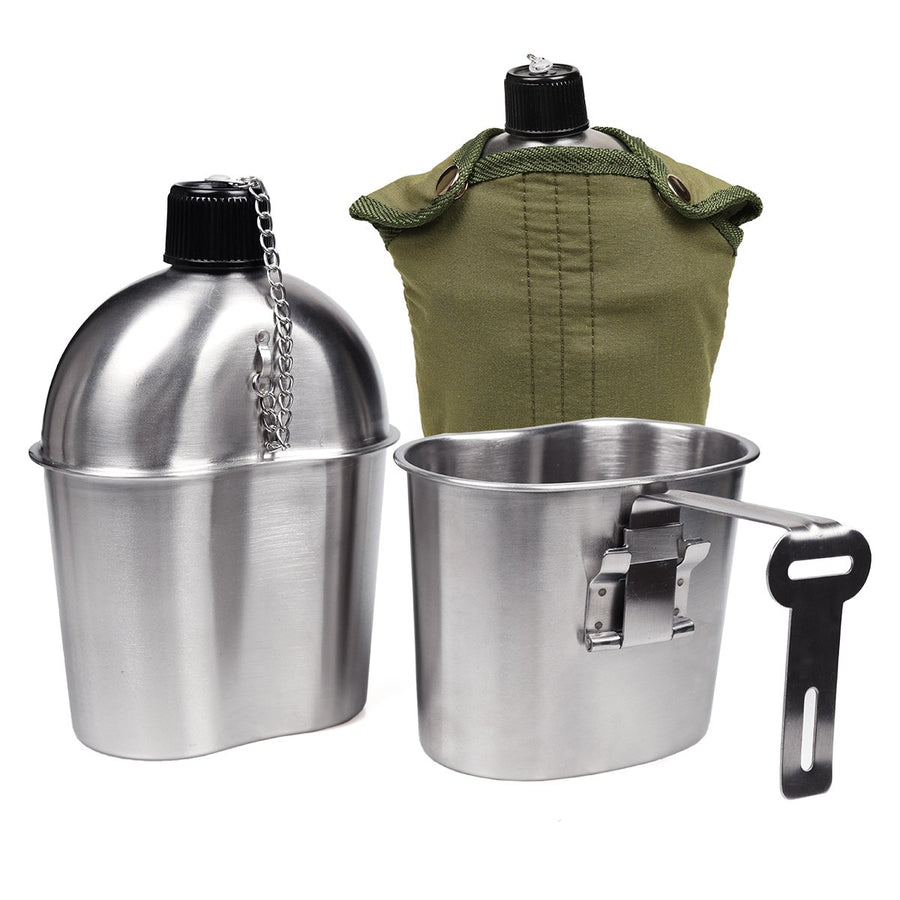 Stainless Steel WWII US Army Canteen Water Bottler Military Canteen Kit 1QT with 0.5QT Cup Nylon Pouch G.I.