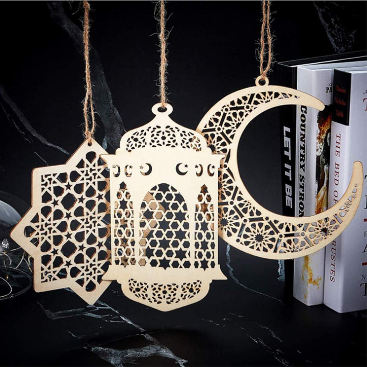 6Pcs Ramadan Kareem Wooden Ornaments Pendant Decoration Moon Lantern Star Shape Mubarak Eid Hanging Ornament for Ramadan Mubarak Eid Decorations