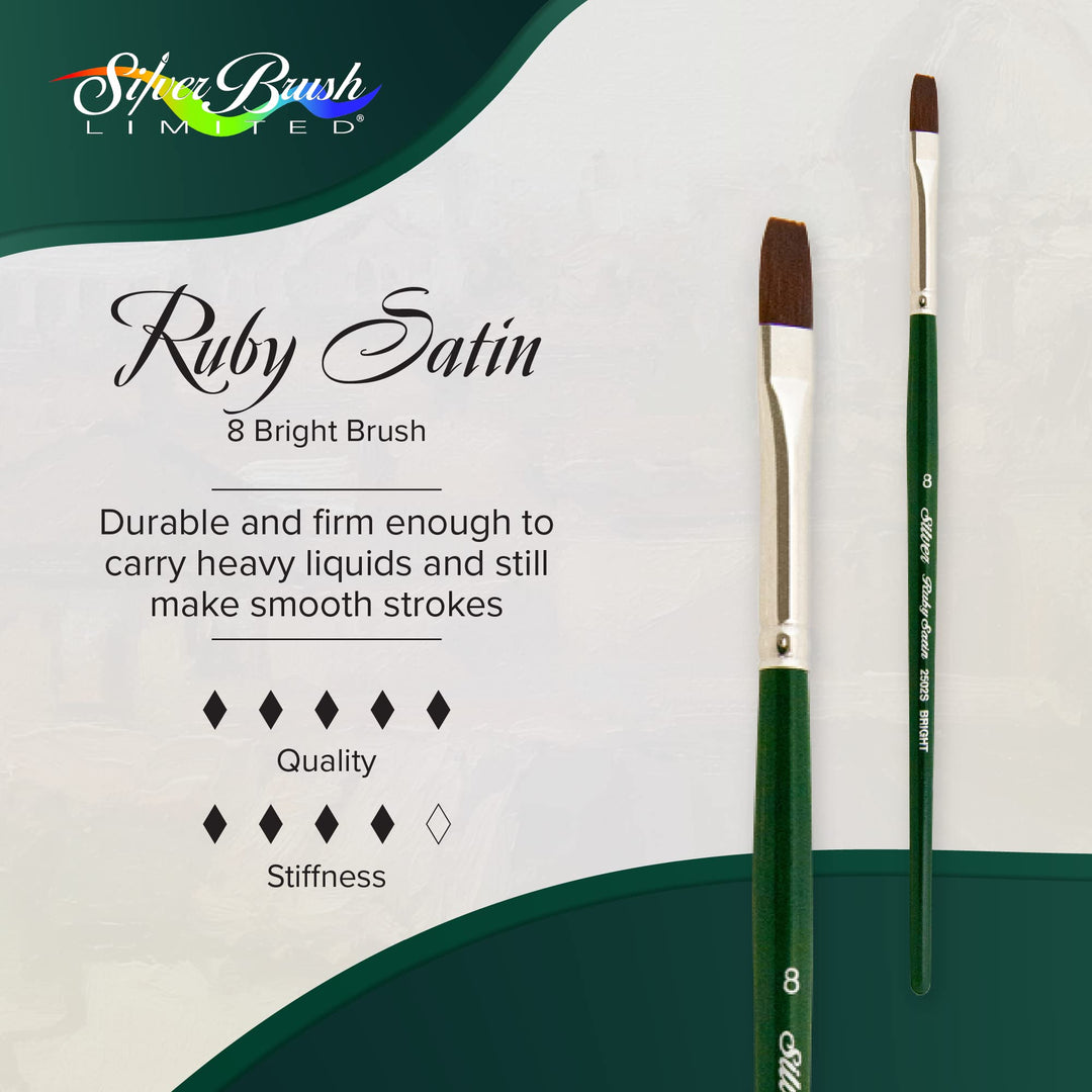 2502S8 Ruby Satin Bright Brush for Fluid and Flow Acrylics, Size 8, Short Handle