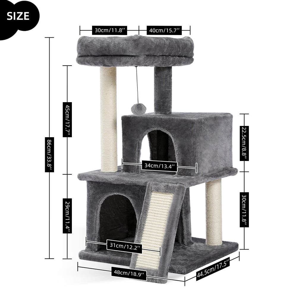 34 Inches Cat Tree Multilevel Cat Tower with Double Condos, Spacious Perch, Fully Wrapped Scratching Sisal Post and Replaceable Dangling Balls Gray