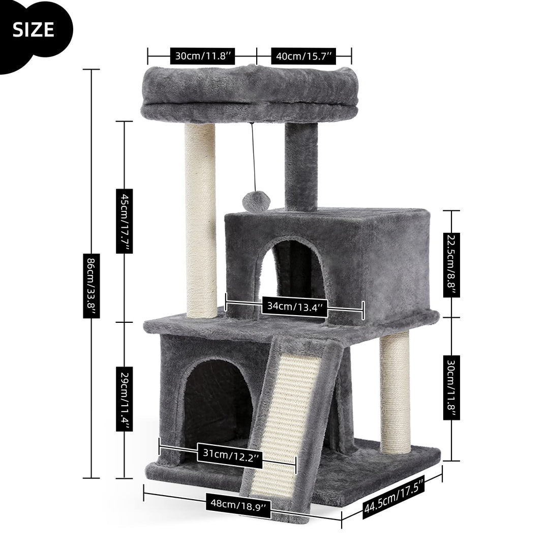 34 Inches Cat Tree Multilevel Cat Tower with Double Condos, Spacious Perch, Fully Wrapped Scratching Sisal Post and Replaceable Dangling Balls Gray