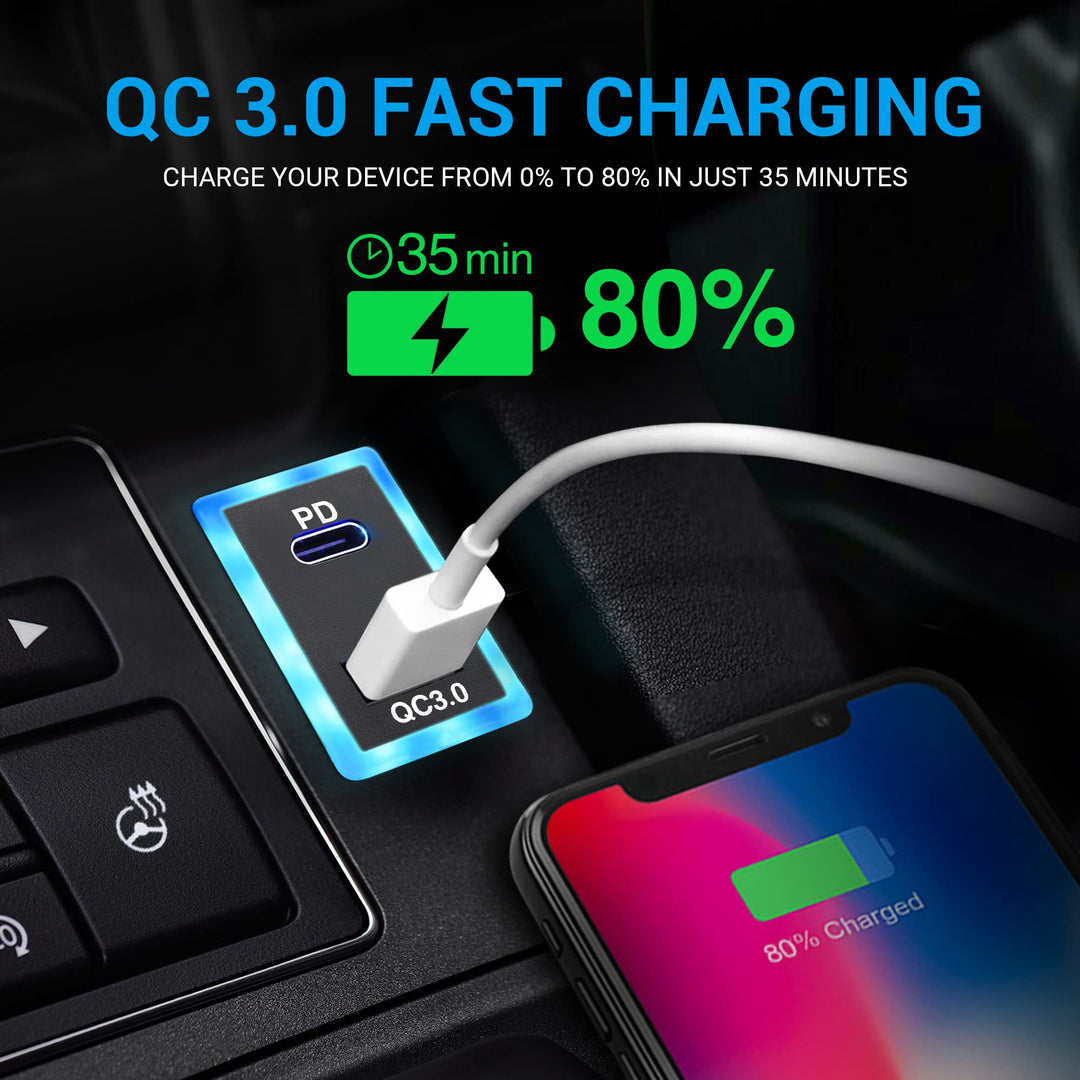 12V/24V USB Type C Car Charger Replacement for Toyota, Dual USB Ports QC3.0 & PD Type C Car Power Socket Compatible with iPhone iPad PDA Laptop GPS (1.3''×0.9'')