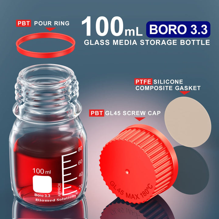 Media Storage bottle Borosilicate 3.3 Glass Container with PBT GL45 Screw Cap,PBT Pour Ring and PTFE Septa,Sterile,100mL,2/Pk