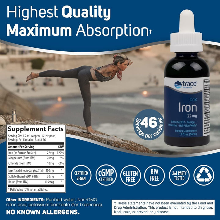 | Liquid Ionic Iron Dietary Supplement Drops | 22 mg Iron Supports Cognitive Function, Energy, Immune System | 1.9 fl oz, 46 Servings