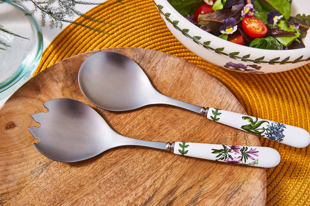 Botanic Garden 10 Salad Servers - Set of 2 | Azalea and African Lily Motifs | Stainless Steel and Porcelain | Chip-Resistant Glaze | Ideal for Family Gatherings and Outdoor Parties