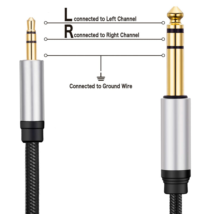 3.5 mm to 6.35 mm Audio Cable 12Ft, Gold-Plated Terminal Silver Color Zinc Alloy Housing 3.5mm 1/8 Male TRS to 6.35mm 1/4 Male TRS Nylon Braided Stereo Audio Cable for Cellphone, Amplifiers(12Ft/4M)