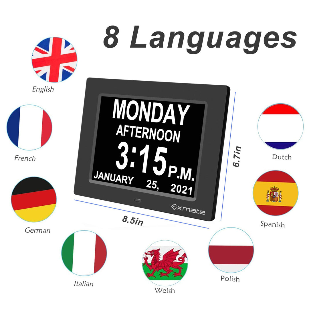 Digital Calendar Alarm Day Clock, 8 Day Clock Calendar Large Screen Display, with 13 Alarm Options Snooze Function for Elderly, Visual Impairment, Dementia, Memory Loss