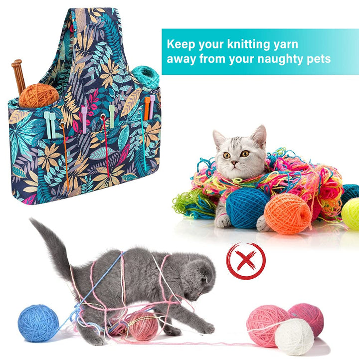 Knitting Tote Bag Large Capacity, Yarn Storage Organizer Knitting Bag Tangle Free Design with Drawstring Closure, Portable Crochet Bag for Yarn, Knitting Needles, Crochet Supplies, Floral