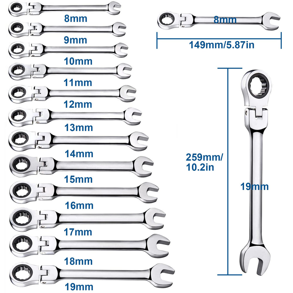 12pcs Flex Head Ratcheting Wrench Set- 8-19mm Metric Ratchet Combination Wrenches CrV Gear Spanner Set