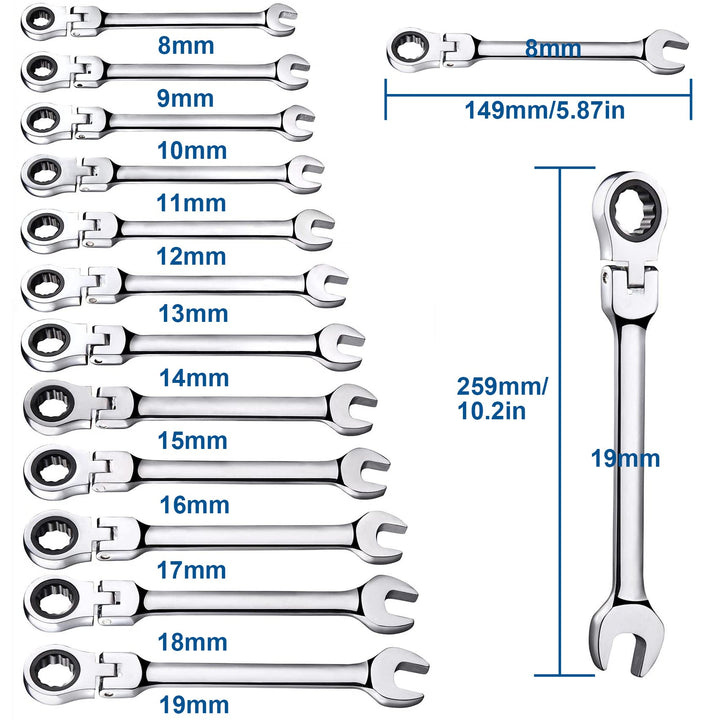 12pcs Flex Head Ratcheting Wrench Set- 8-19mm Metric Ratchet Combination Wrenches CrV Gear Spanner Set