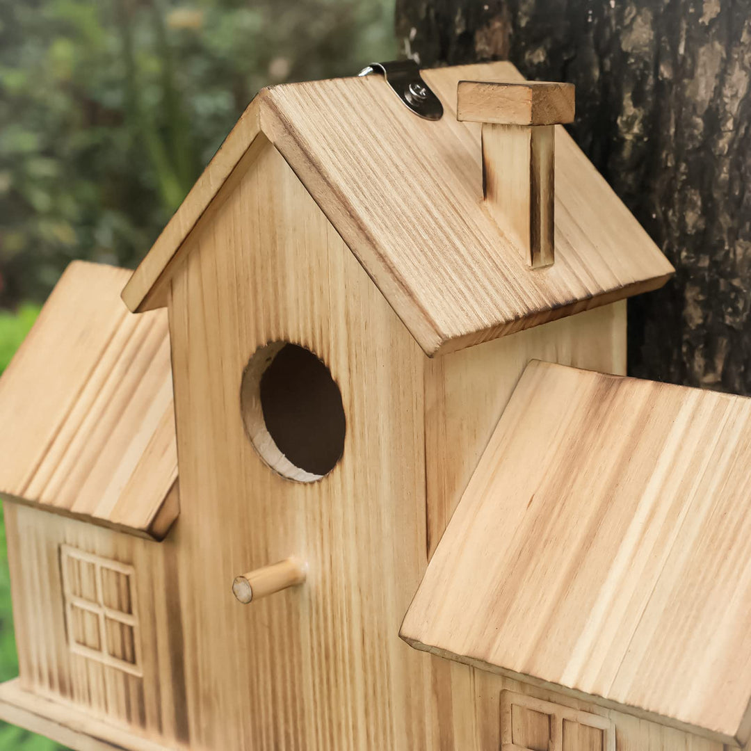 Bird Houses for Outside,Outdoor 3 Hole Bird House Room for 3 Bird Families Bluebird Finch Cardinals Wooden Hanging Birdhouse for Garden