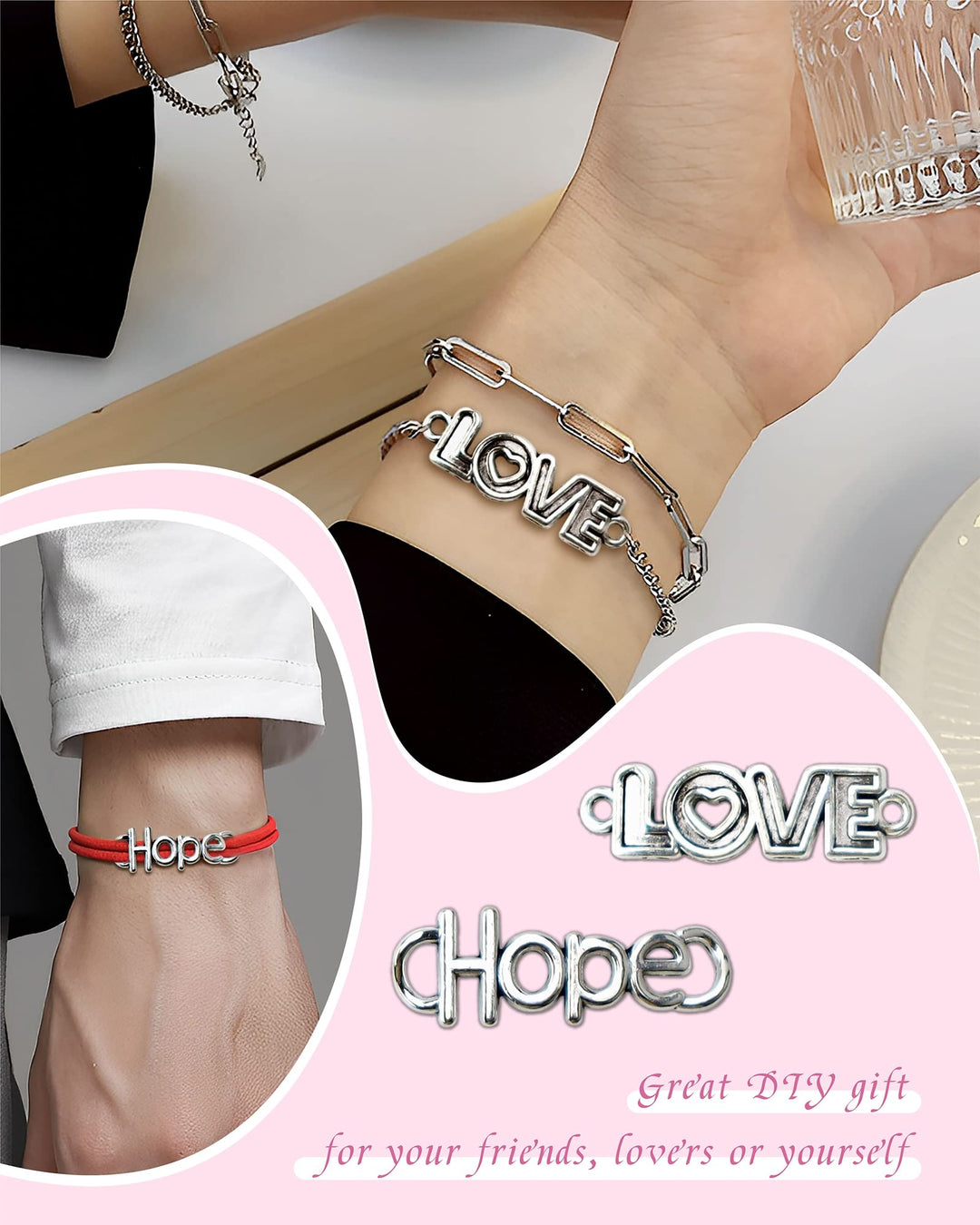 72pcs Mixed Word Letter LOVE HOPE Believe Wish Kissme Connector Link Charms Pendants DIY for Necklace Bracelet Jewelry Making