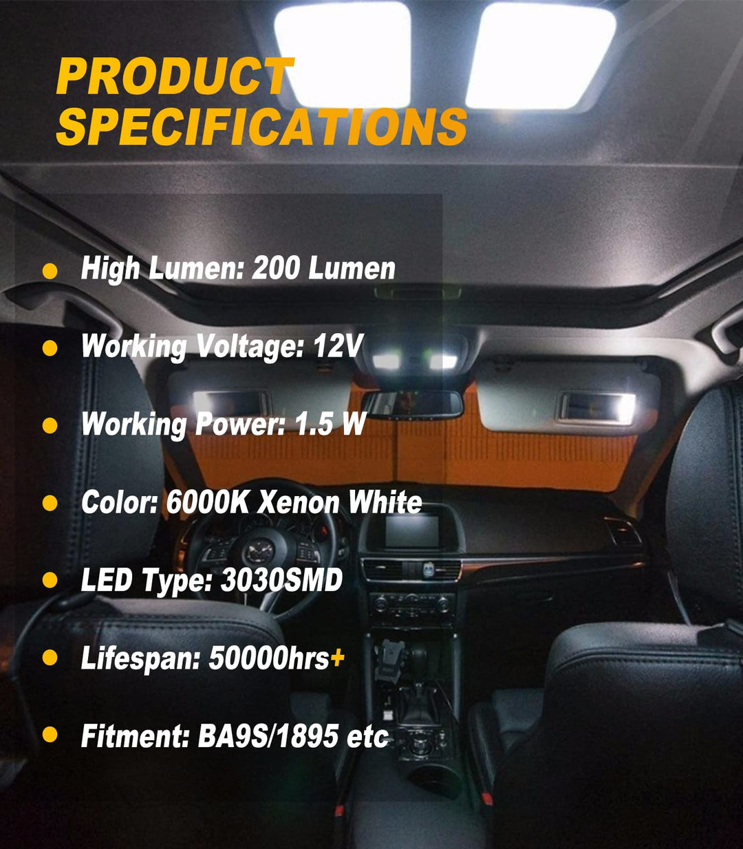 BA9S Led Car Bulb BA9 1895 1891 53 57 Led, 2SMD 3030Chips 6000K White 47830 64111 3893 LED Car Bulb for Car Interior Dome Map License Plate Glove Box Light etc, Pack of 6pcs