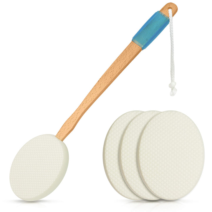 17.5 Long Lotion Applicator with 4 Pads - Long Handle for Easy Reach and Self Application of Body Wash - Shower Brush for Both Men and Women (Travel Bag Included)