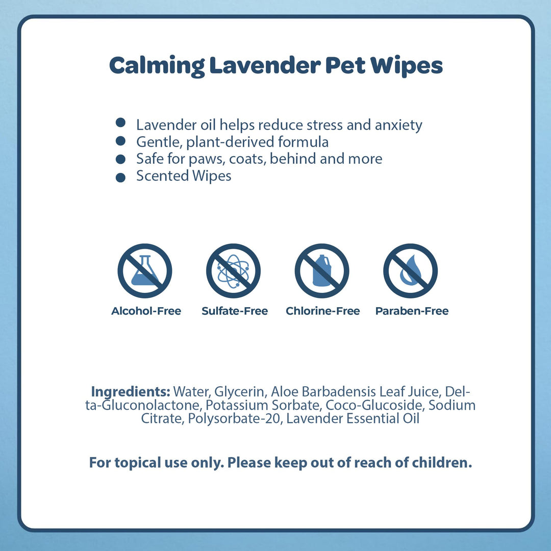 Pet Wipes for Dogs - Dog Wipes Cleaning Deodorizing, for Coats, Ears, Paws - Calming Lavender, Aloe Vera, 100 Count