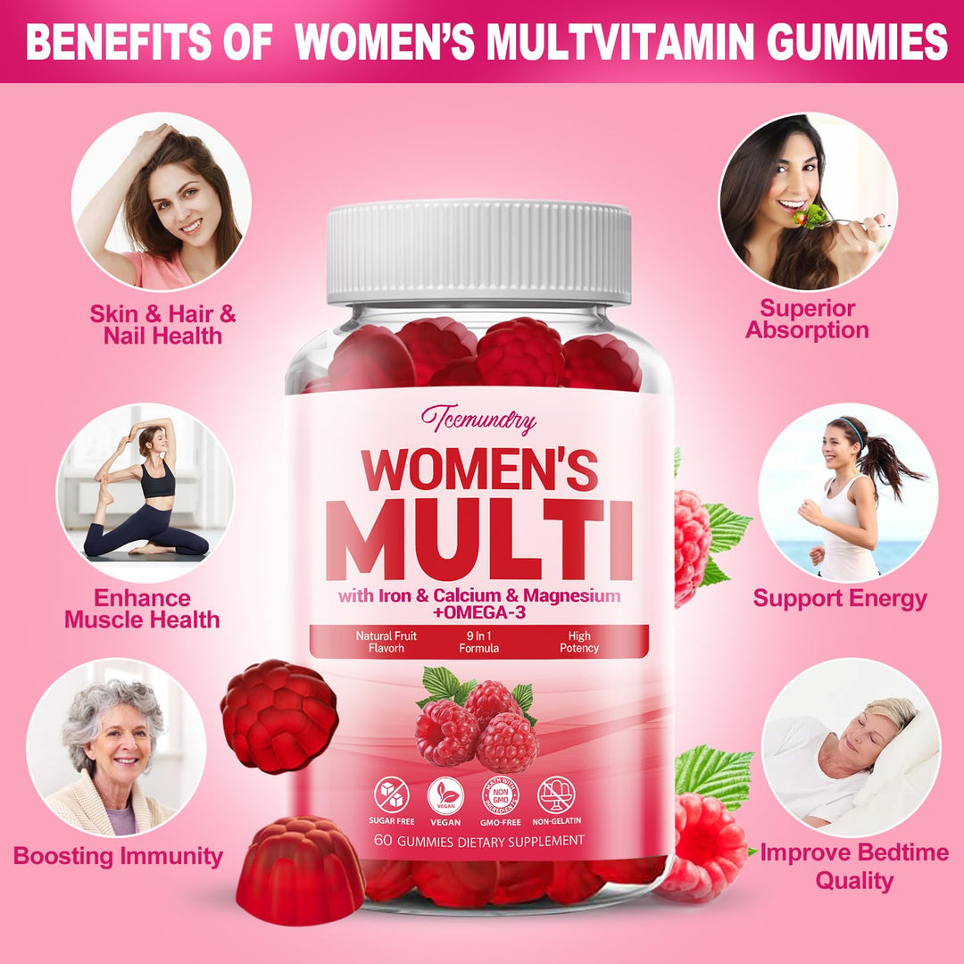 Sugar-Free Womens Multivitamin Gummies - High Absorption Multivitamin for Women Gummy with Omega-3, Astaxanthin, Calcium, Iron, Vitamin A, C, D3, K2, E, B6, B12 - Supports Skin, Hair, Energy, Immune