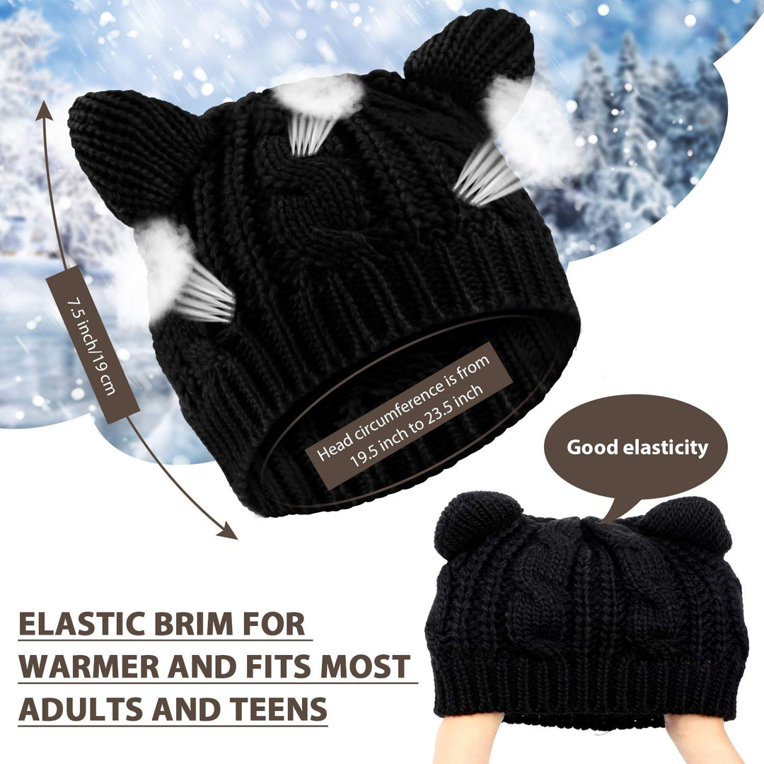 Cute Cat Ear Beanie Hat Cat Knitted Hat Winter Knit Cable Hat for Women(Black)