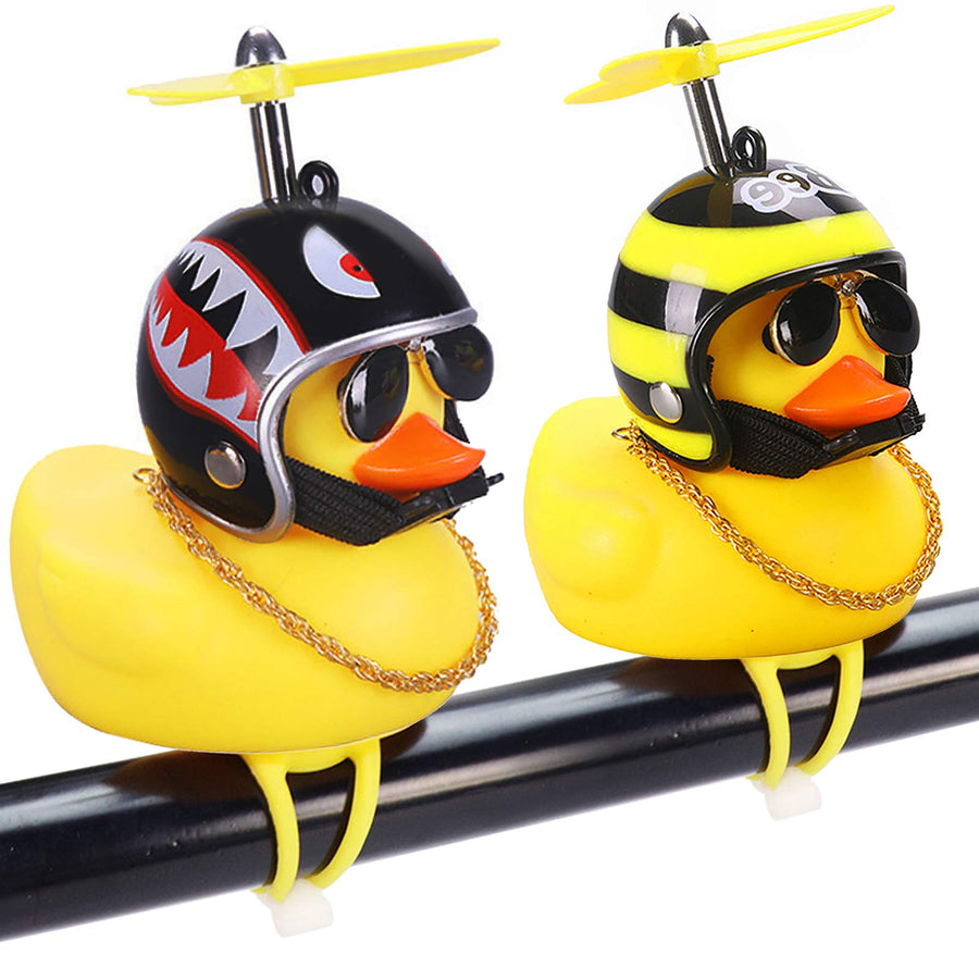 Rubber Duck Car Ornaments, 2Pcs Yellow Duck Car Dashboard Decorations Squeeze Duck Bicycle Horns with Propeller Helmet