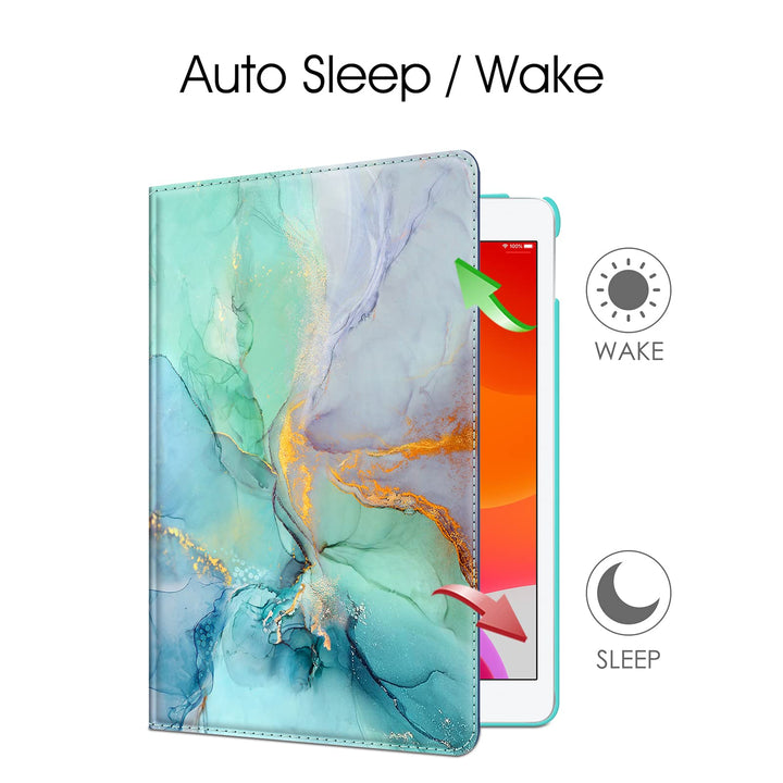 Rotating Case for iPad 9th Generation (2021) / 8th Generation (2020) / 7th Gen (2019) 10.2 Inch - 360 Degree Rotating Stand Cover with Pencil Holder, Auto Wake Sleep, Emerald Marble