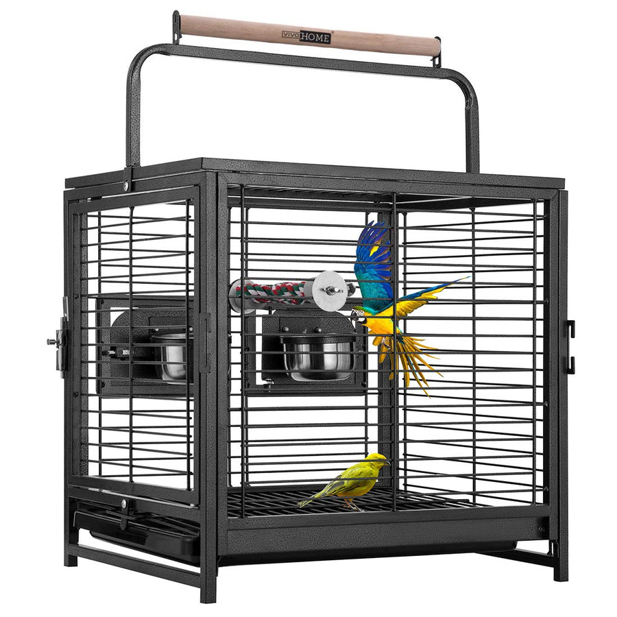 19 Inch Wrought Iron Bird Travel Carrier Cage for Parrots Conures Lovebird Cockatiel Parakeets Black
